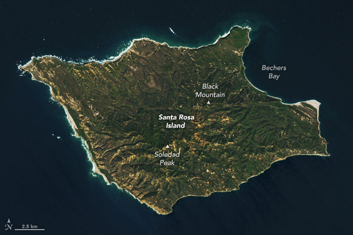 Santa Rosa Island takes up most of the image. The island is mostly green, though some slopes and parts of the shoreline appear brown where they lack vegetation. Two prominent peaks lie near the island's center. Dark blue water surrounds the island.